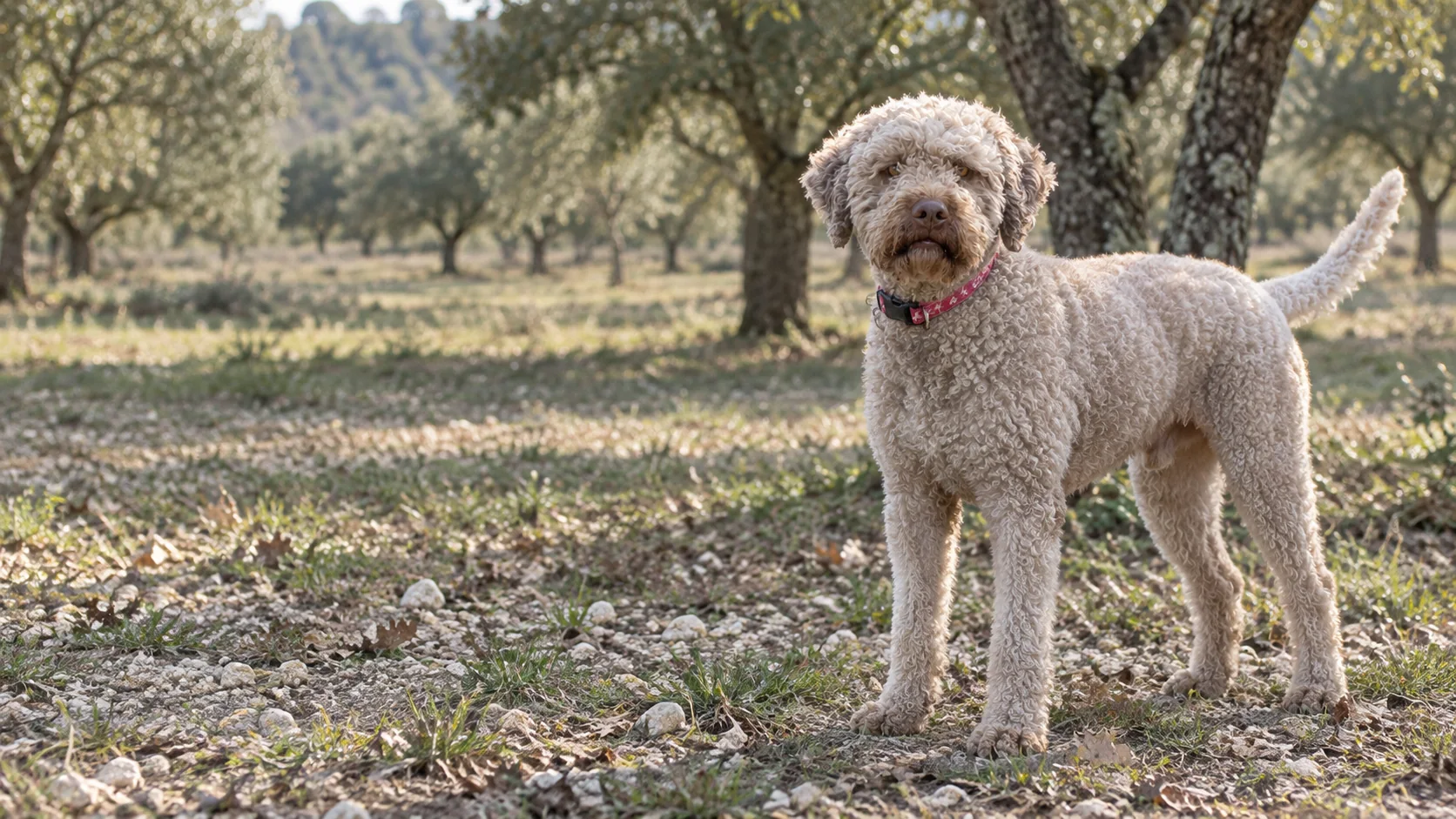 Trüffelhund mit lockigem Fell auf steinigem Boden zwischen Eichen