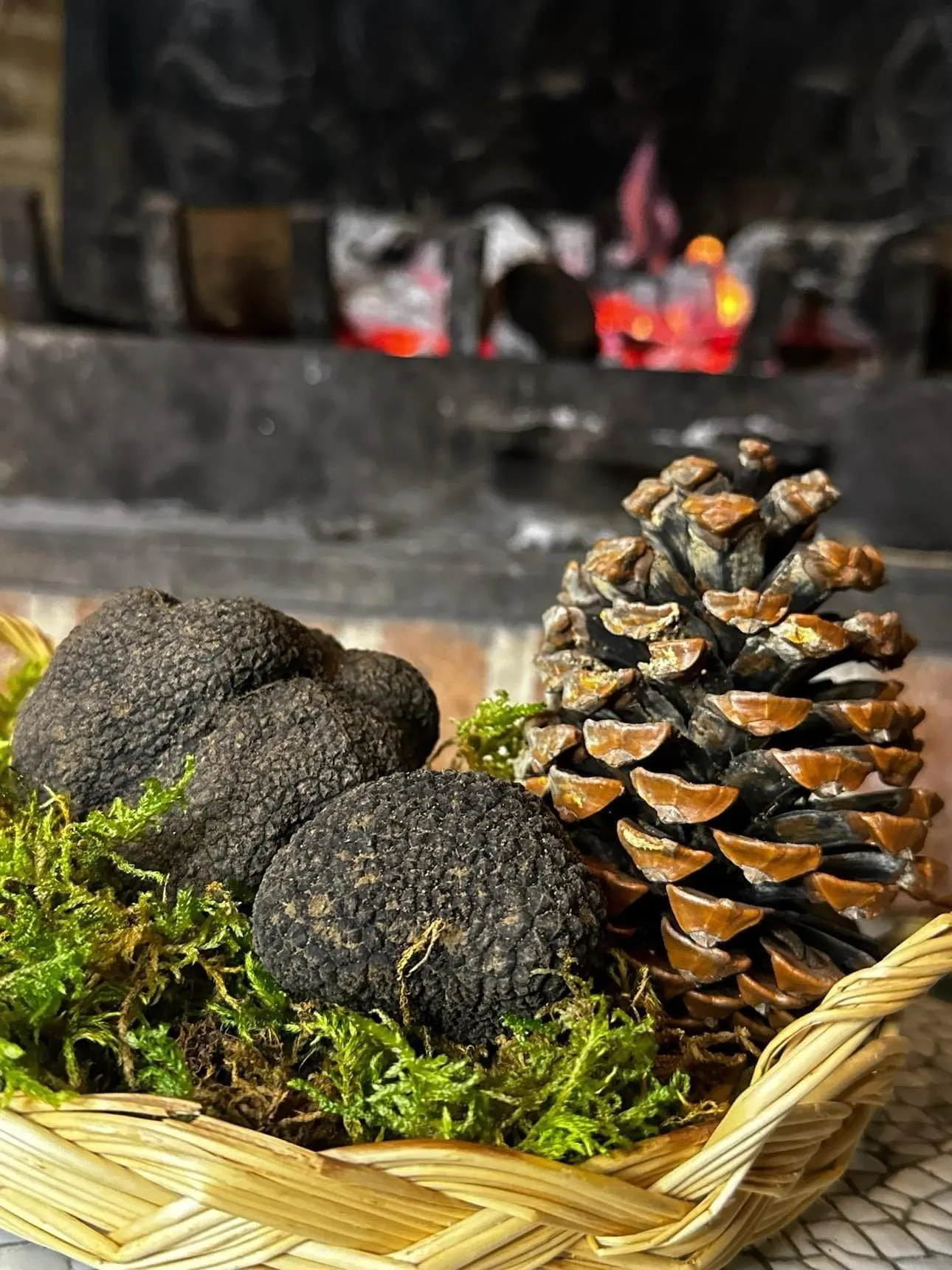 Truffes noires entières dans un panier de mousse près d’un feu de cheminée