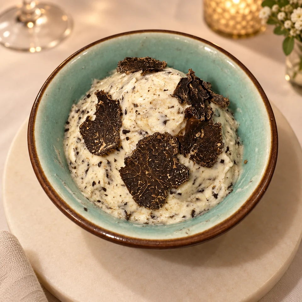 Beurre truffé dans un bol vert, garni de lamelles de truffe noire