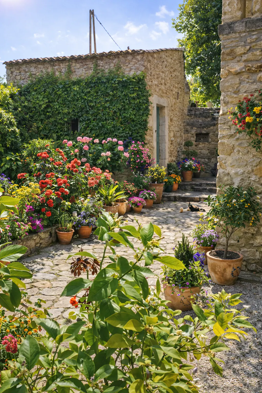 Cour en pierre et escalier du Mas bordés de fleurs en pots et de végétation