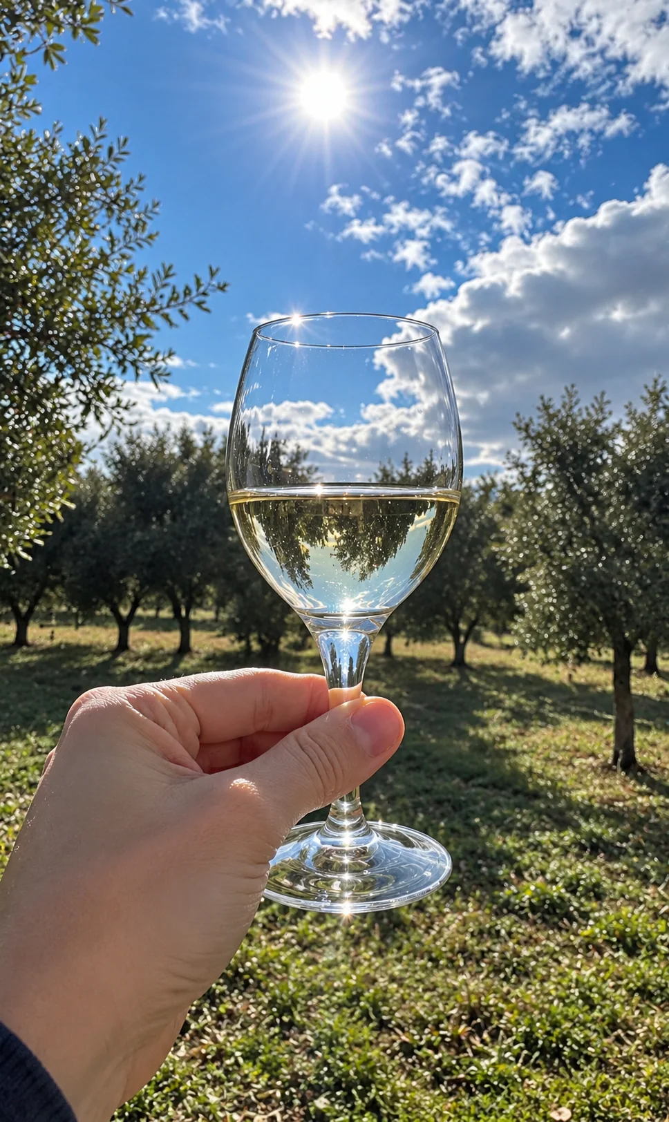 Un verre de vin blanc au premier plan devant les arbres de la truffière