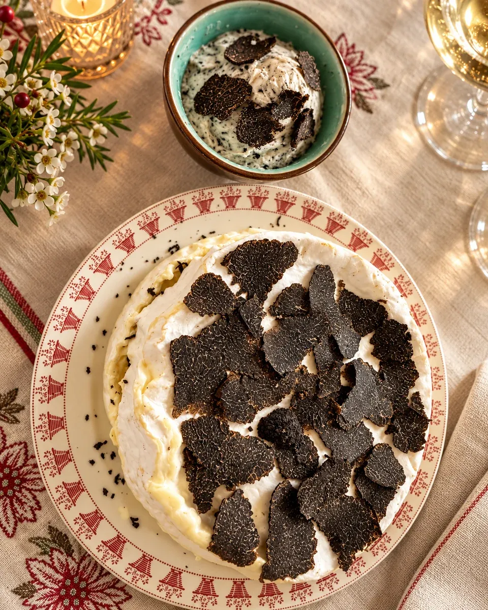 Brie garni de lamelles de truffe noire sur une assiette, près d’un bol de beurre truffé