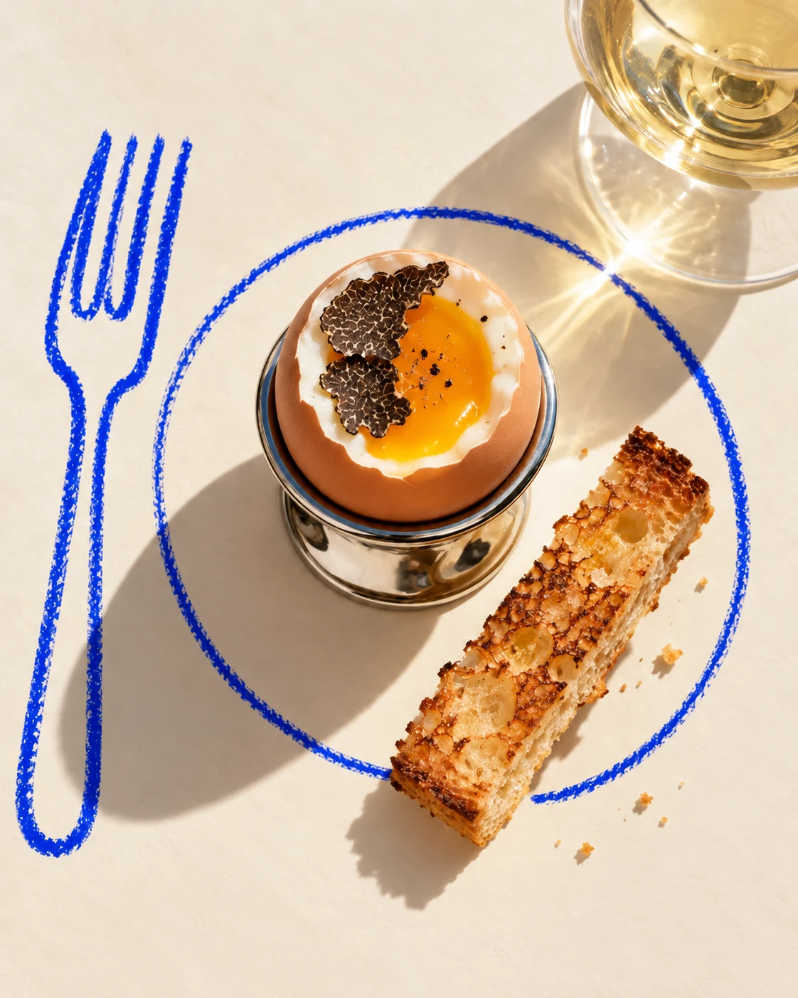 Œuf à la truffe et verre de vin blanc, avec des couverts dessinés en bleu